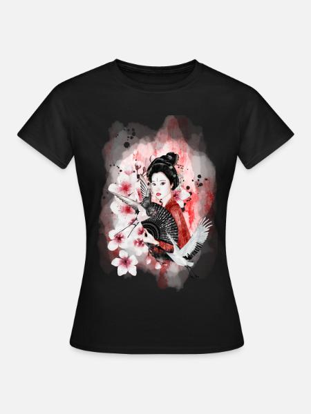 Geisha Sakura Japanese Motif Watercolor - Women's T-Shirt - black