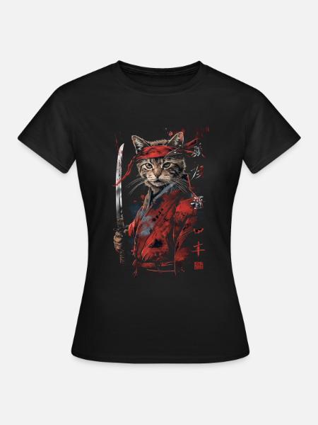 Katze Samurai Lustiges Geschenk - Frauen T-Shirt - Schwarz