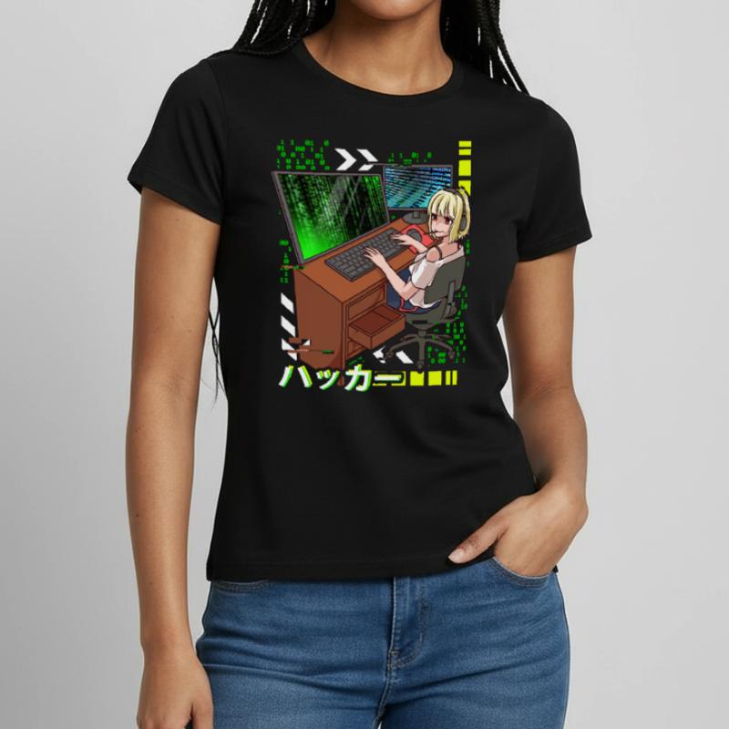 Anime Cyber Hacker Girl Hacking Binary Code Women's T-Shirt