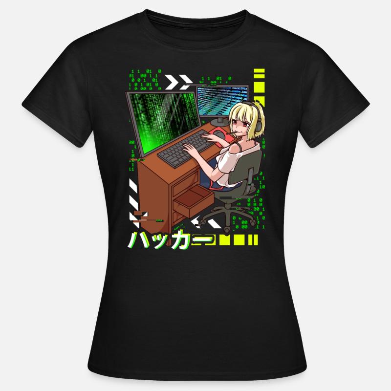 Anime Cyber Hacker Girl Hacking Binary Code - Women's T-Shirt - black