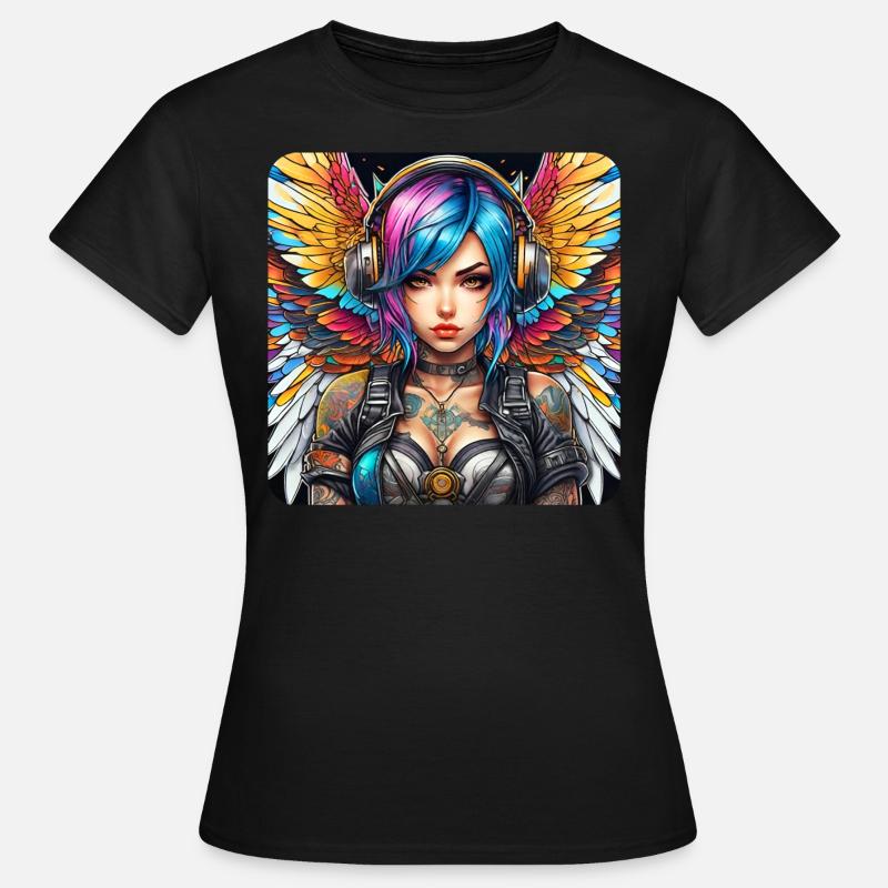 Cooler Cyberpunk Engel mit Kopfhörer - Frauen T-Shirt - Schwarz