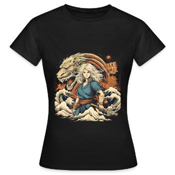 Anime Frau Mit Drachen - Frauen T-Shirt - Schwarz - Vorne - AI Model Female 172 dark (172cm)