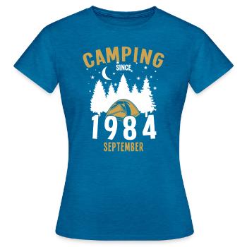 Birthday: Camping since September 1984 Camping - Women's T-Shirt - antique blue sapphire heather - Front - AI Model Female 172 dark (172cm)