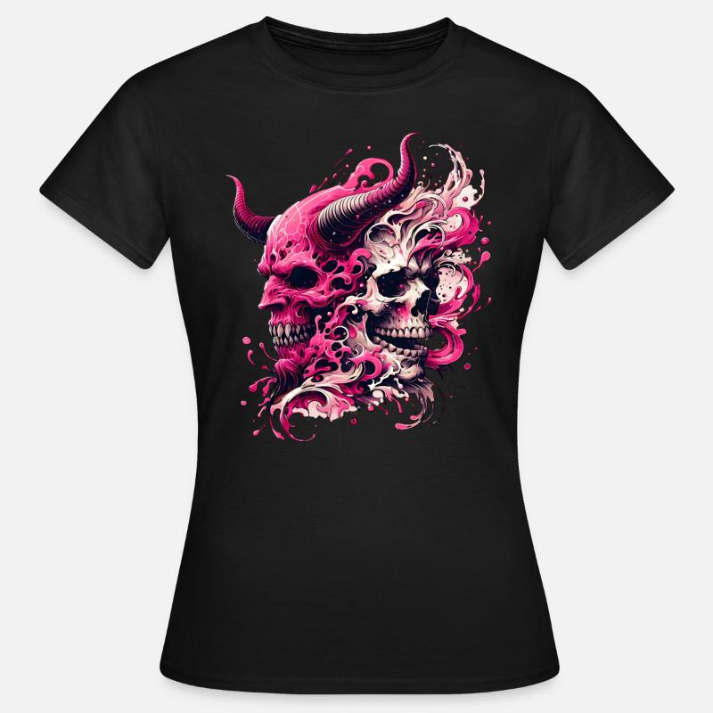 Dämonischer Schädel Pinke Explosion Skull & Demon - Frauen T-Shirt - Schwarz
