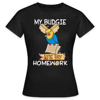 The budgie ate my homework - Women's T-Shirt - black - Front - AI Model Female 172 dark (172cm)