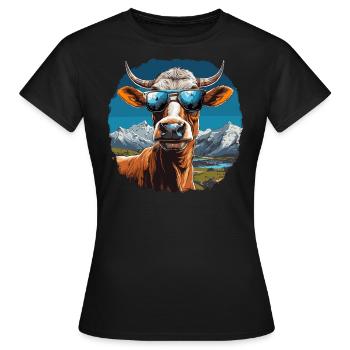 Une vache en lunettes de soleil en montagne - T-shirt Femme - noir - Devant - AI Model Female 172 dark (172cm)