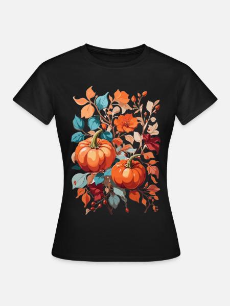 Kürbis mit Blätter - Frauen T-Shirt - Schwarz