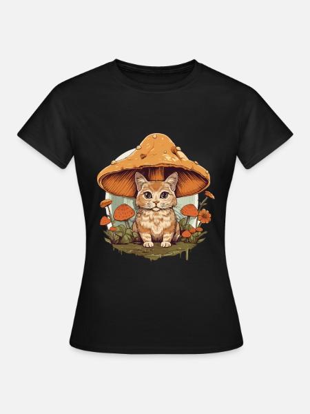 Cottagecore Mushroom Katze Vintage Pilz - Frauen T-Shirt - Schwarz
