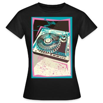 I LOVE VINYL, Pop Art, Turntable, Plattenspieler - Frauen T-Shirt - Schwarz - Vorne - AI Model Female 172 dark (172cm)