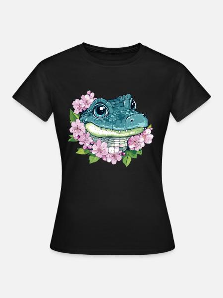 Kirschblüten Krokodil - Frauen T-Shirt - Schwarz