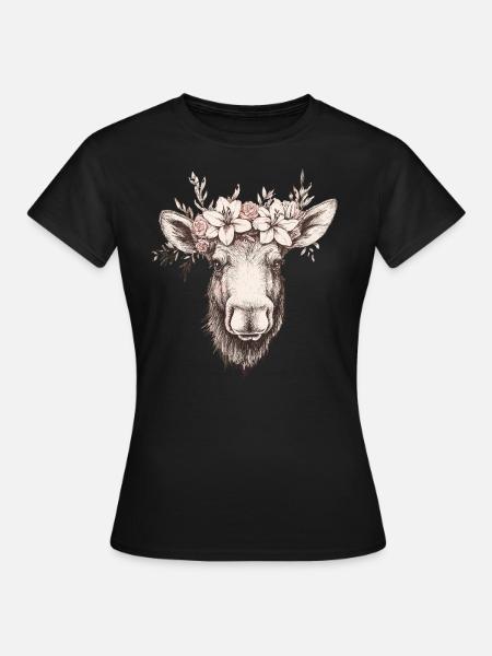 Elch mit Blumenkrone - Frauen T-Shirt - Schwarz