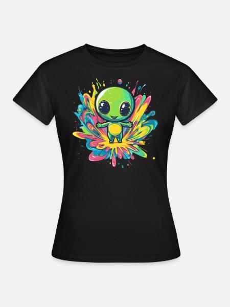 Bunter Alien auf Farbspritzer - Frauen T-Shirt - Schwarz