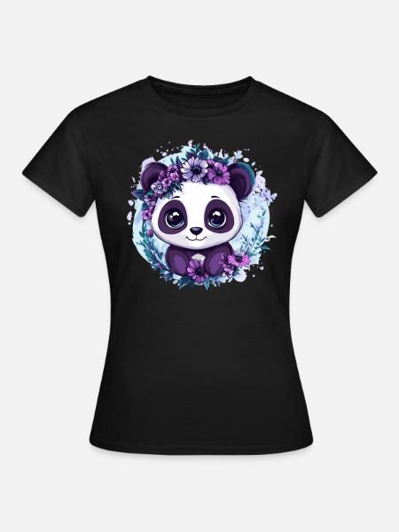 Panda mit Blumenkranz - Frauen T-Shirt - Schwarz