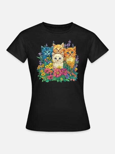 Bunte Katzen im Blumenmeer - Frauen T-Shirt - Schwarz
