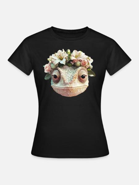 Chamäleon mit Blumenkranz - Frauen T-Shirt - Schwarz