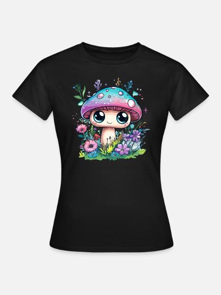 Zauberpilz mit Blumen - Frauen T-Shirt - Schwarz