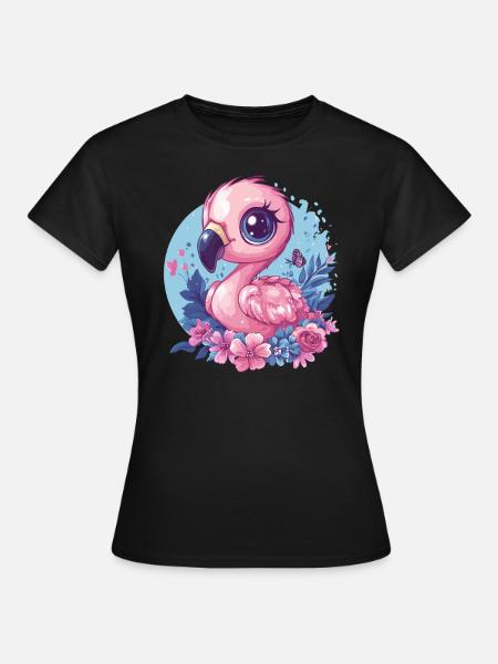 Flamingo mit Blumendeko - Frauen T-Shirt - Schwarz