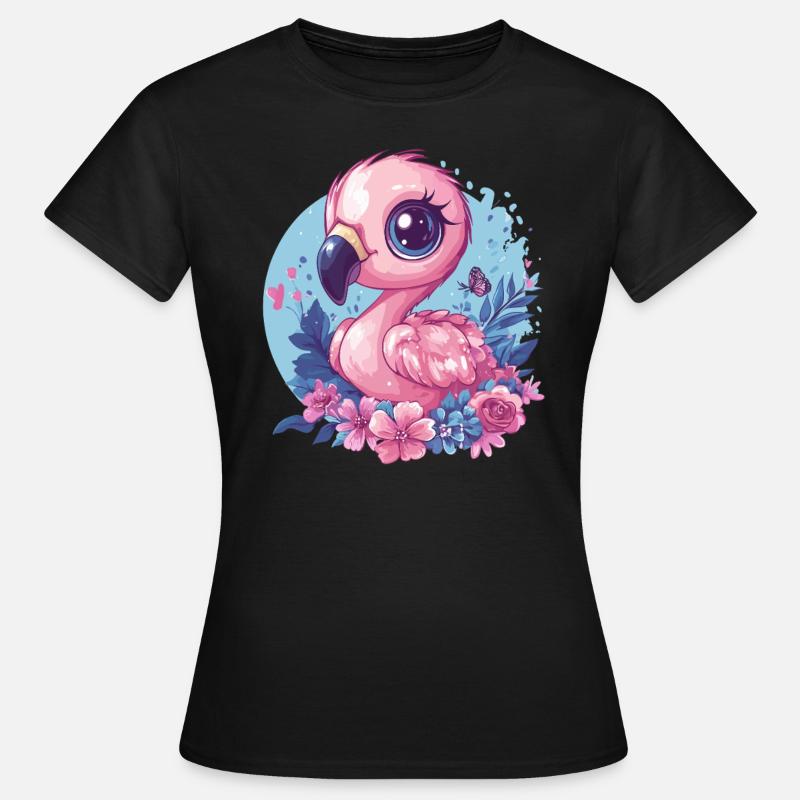 Flamingo mit Blumendeko - Frauen T-Shirt - Schwarz