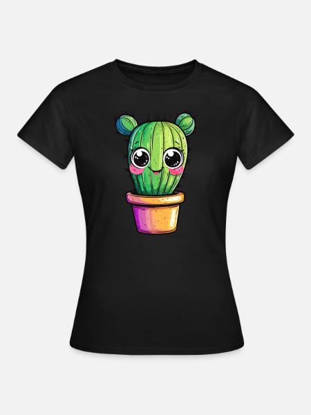 Kaktus mit buntem Topf - Frauen T-Shirt - Schwarz