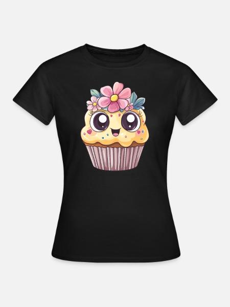 Cupcake mit Blumenkranz - Frauen T-Shirt - Schwarz