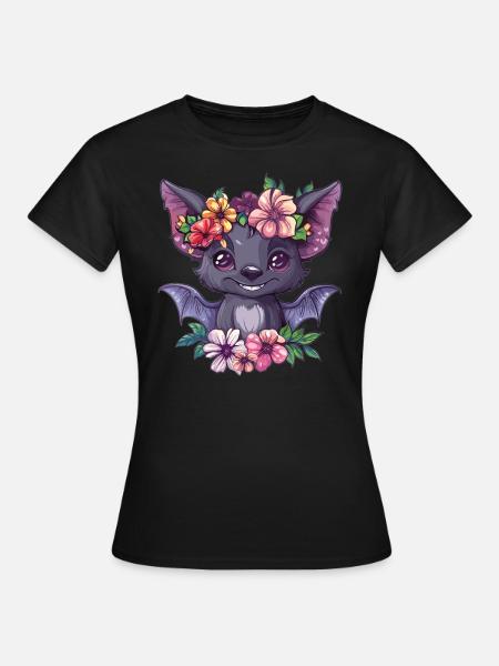 Blumenfledermaus mit Lächeln - Frauen T-Shirt - Schwarz
