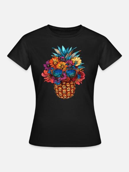 Ananas mit Blumenschmuck - Frauen T-Shirt - Schwarz