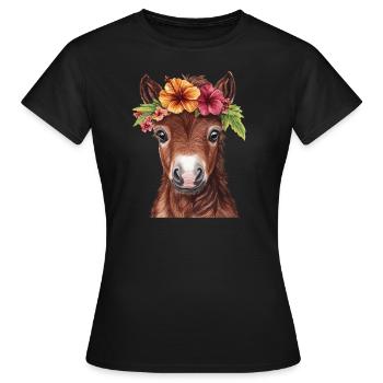 Poulain avec couronne de fleurs - T-shirt Femme - noir - Devant - AI Model Female 172 dark (172cm)