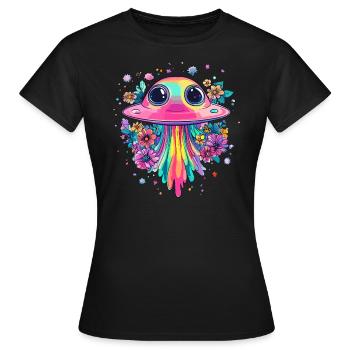 OVNI avec pluie de fleurs - T-shirt Femme - noir - Devant - AI Model Female 172 dark (172cm)