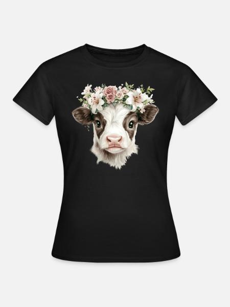 Kalb mit Blumen - Frauen T-Shirt - Schwarz