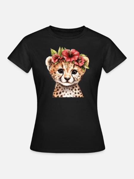 Gepard mit Blumenkranz - Frauen T-Shirt - Schwarz