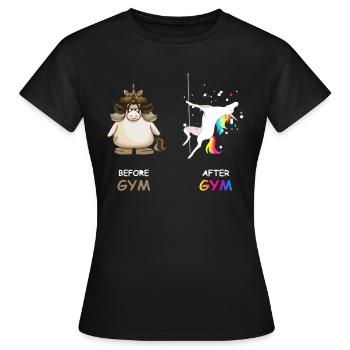 Einhorn vor dem Fitness-Studio und nach dem Fitnessstudio - Frauen T-Shirt - Schwarz - Vorne - AI Model Female 172 dark (172cm)