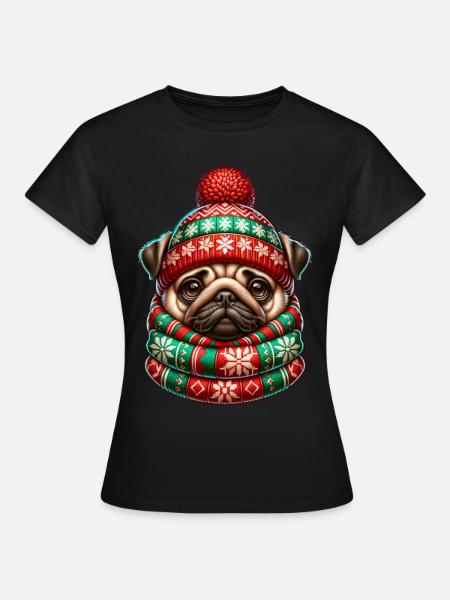 Mops Xmas Mütze Weihnachten Geschenkidee - Frauen T-Shirt - Schwarz