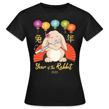 Cute Flute Playing Rabbit Chinese New Year 2023 - Women's T-Shirt - black - Front - AI Model Female 172 dark (172cm)