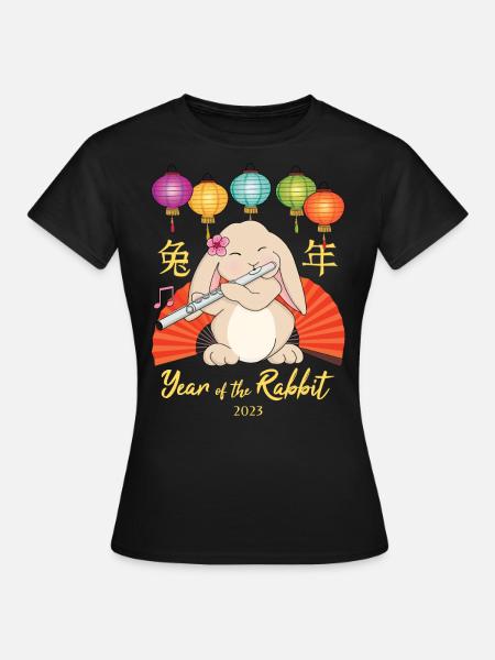 Cute Flute Playing Rabbit Chinese New Year 2023 - Women's T-Shirt - black