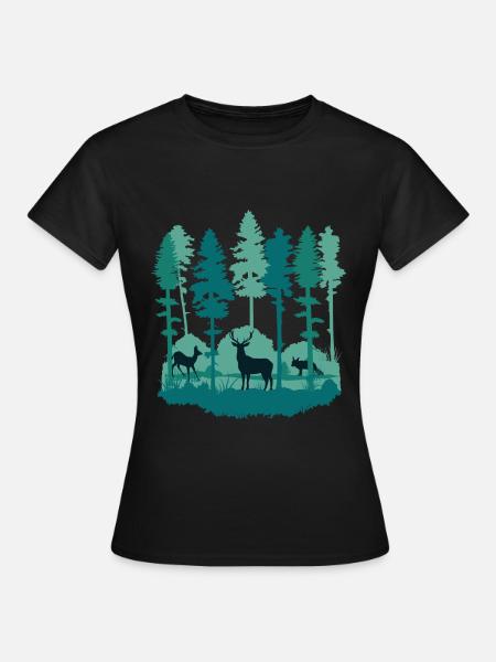 Wald und Waldtiere - Bäume, Reh, Hirsch und Fuchs - Frauen T-Shirt - Schwarz