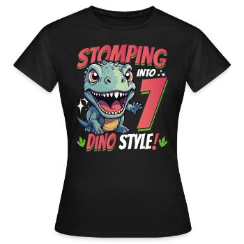 T-Rex Turning 7: Stomping into 7th Dino Style Bday - Women's T-Shirt - black - Front - AI Model Female 172 dark (172cm)
