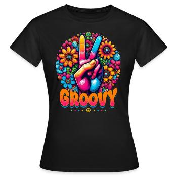 Signe De Paix & De Paix, Groovy, Fleurs - T-shirt Femme - noir - Devant - AI Model Female 172 dark (172cm)