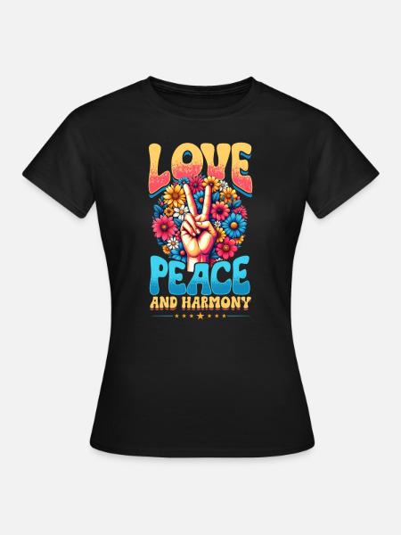 Frieden & Peace Zeichen, Blumen - Frauen T-Shirt - Schwarz
