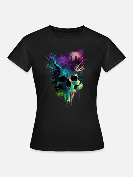 Totenkopf mit Hörnern bunt - Frauen T-Shirt - Schwarz