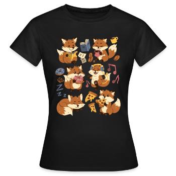 Fuchs: Pizza, Donut, Kaffe, Musik, Buch lesen - Frauen T-Shirt - Schwarz - Vorne - AI Model Female 172 dark (172cm)