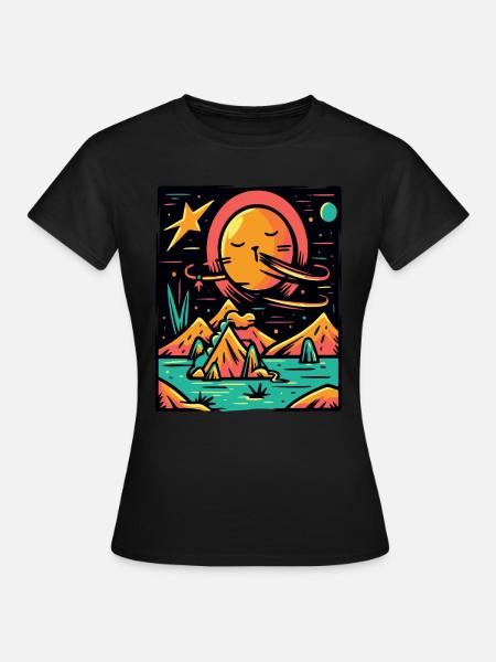 Bunte Pop-Farben Universum Planeten und Katze - Frauen T-Shirt - Schwarz