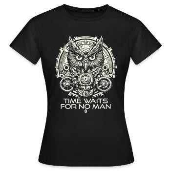 Owls Clock: Clockwork, Time Waits for No One - Women's T-Shirt - black - Front - AI Model Female 172 dark (172cm)