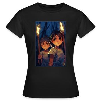 Anime-Mädchen: Rache in der Nacht mit Fackel - Frauen T-Shirt - Schwarz - Vorne - AI Model Female 172 dark (172cm)