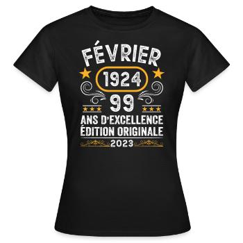 Anniversaire Vintage Idée Cadeau Février 1924 99 - T-shirt Femme - noir - Devant - AI Model Female 172 dark (172cm)