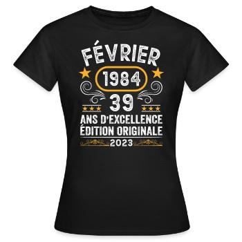 Anniversaire Vintage Idée Cadeau Février 1984 39 - T-shirt Femme - noir - Devant - AI Model Female 172 dark (172cm)
