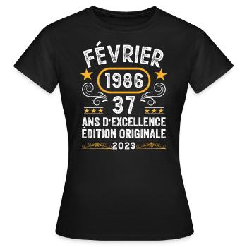 Anniversaire Vintage Idée Cadeau Février 1986 37 - T-shirt Femme - noir - Devant - AI Model Female 172 dark (172cm)