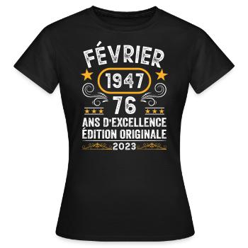 Anniversaire Vintage Idée Cadeau Février 1947 76 - T-shirt Femme - noir - Devant - AI Model Female 172 dark (172cm)