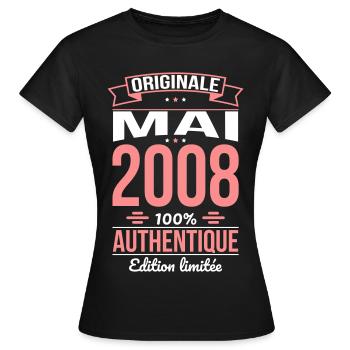 Anniversaire 18 ans - Originale - Mai 2008 - T-shirt Femme - noir - Devant - AI Model Female 172 dark (172cm)
