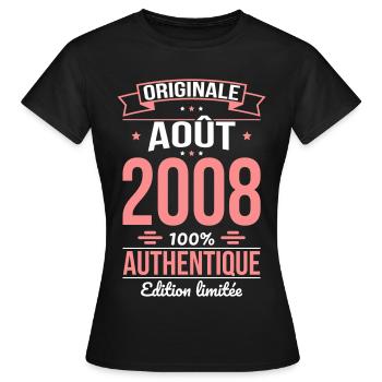 Anniversaire 18 ans - Originale - Août 2008 - T-shirt Femme - noir - Devant - AI Model Female 172 dark (172cm)