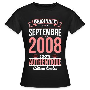 Anniversaire 18 ans - Originale - Septembre 2008 - T-shirt Femme - noir - Devant - AI Model Female 172 dark (172cm)